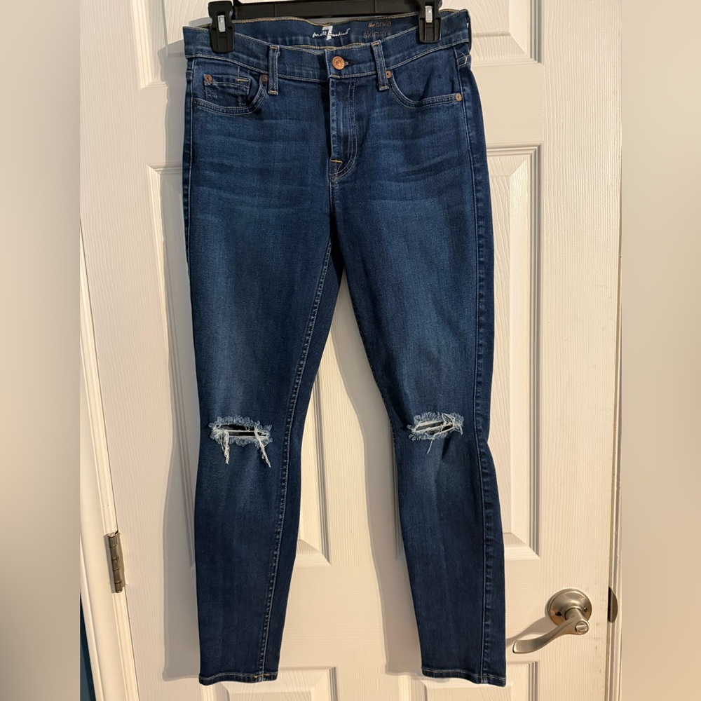 7 For All Mankind Dark Blue Distressed Skinny Jeans Size 29